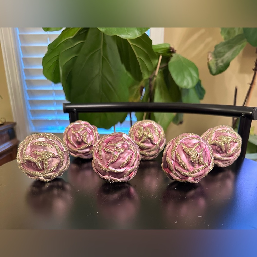 VTG Glass Rose Clip On Christmas Ornament Pink Gold Glitter 2" Germany Set of 6